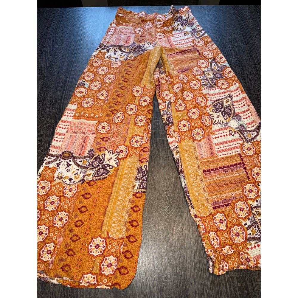 Xhilaration Wide Leg Patchwork Print Pants in Mustard, Rust & Purple